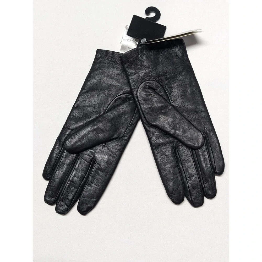 George Womens Black Leather Gloves Thinsulate Insulated‎ Bow Accent Size L NEW